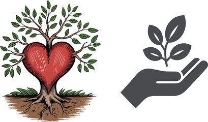Heart‑shaped tree trunk with green leaves and roots symbolizing love, growth, and life alongside hand silhouette holding plant representing care, nurture, and environmental stewardship © Mst Rebaka