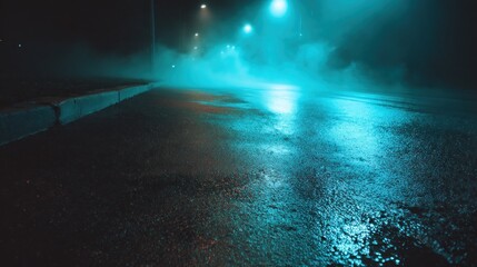 Naklejka premium Road in fog at night illuminated by lights