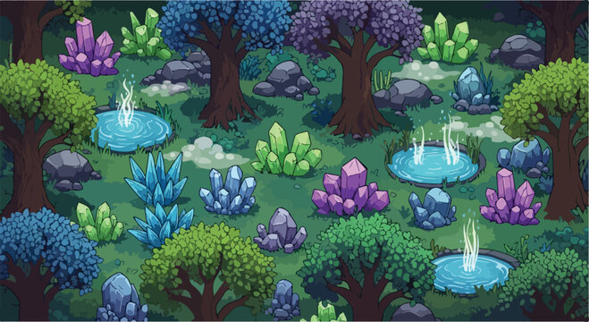 Fantasy pixel art forest landscape with glowing crystals, magical enchanted woods game background, isometric mystical forest with blue ponds and colorful trees