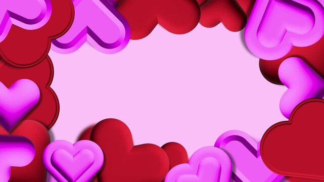 Romantic 3D heart frame background, pink and red hearts border with copy space, animated love symbols for Valentine's Day and wedding videos