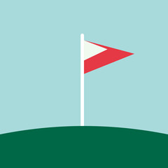 Minimalist flat design of a red and white pennant flag on a green hill illustration © RohossomoyFacts