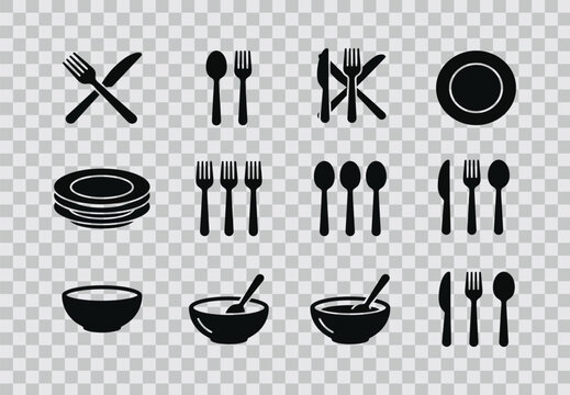 A collection of simple black kitchen utensils and tableware icons arranged on a transparent background