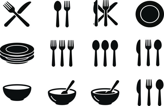 A collection of simple black icons featuring cutlery, plates, and bowls for culinary design and restaurant themes