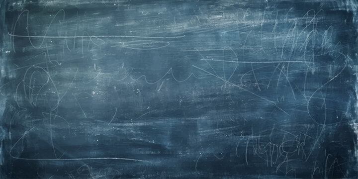 A dark vintage blue chalkboard background with a grungy textured wall pattern and old blank black frame for art design backdrops