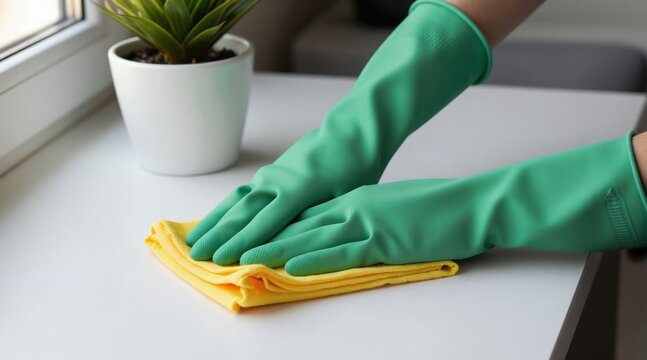 Hands in green gloves wipe white surface with yellow cloth. A green potted plant sits nearby. Natural light illuminates the indoor domestic scene suggesting tidiness and fresh home care.