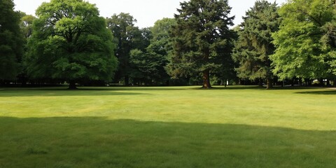 Fototapeta premium Expansive green lawn in park with tall mature trees lining background. Sunlight casts shadows across the grass. Perfect for outdoor activity relaxation or nature settings.