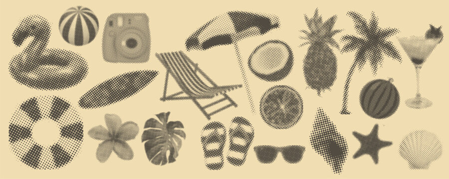 Y2K retro summer beach halftone elements set with flamingo, surfboard, coconut, palm trees, beach chair and tropical vacation icons