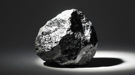 Fototapeta premium Shiny gray silicon specimen rests on dark surface. Rough mineral rock fragment gleams under bright studio light. Useful for science tech and industry concepts.