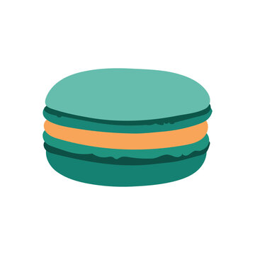 Green macaron with orange filling illustration, french macaroon cookie vector art