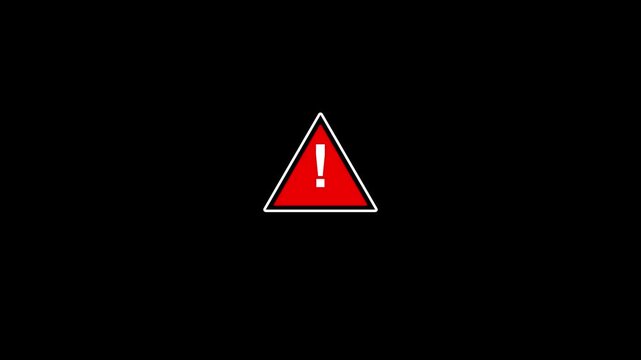 Red warning triangle icon with exclamation mark on black background 4k video animation.