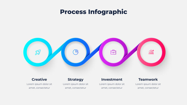 Looping business process infographic template with 4 steps. Modern gradient style connected timeline vector design
