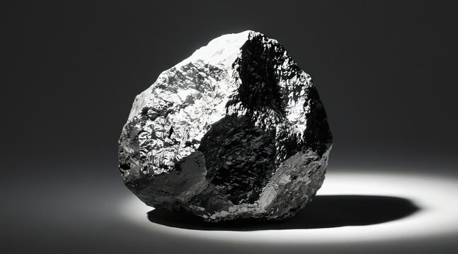 Shiny gray silicon specimen rests on dark surface. Rough mineral rock fragment gleams under bright studio light. Useful for science tech and industry concepts.