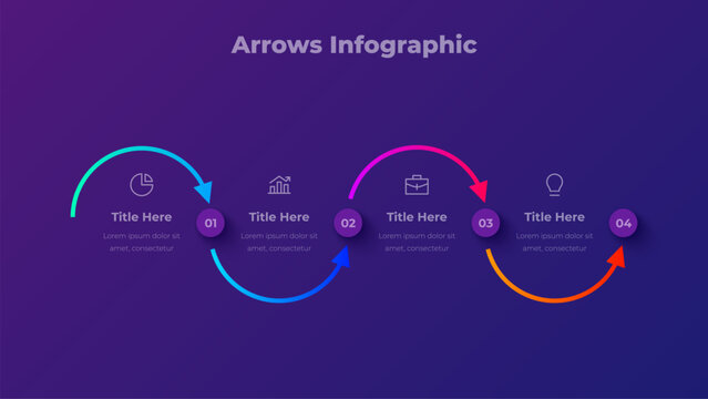 Winding path timeline template with 4 steps. Curved directional arrows on a dark purple background, modern gradient workflow diagram