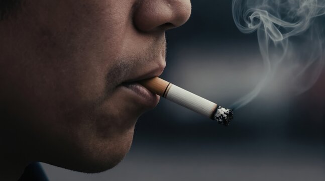 Person smokes cigarette close-up view. White smoke rises from lit tobacco stick. Dark background, urban setting hints. Close up of mans mouth smoking.