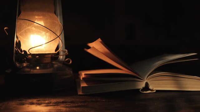 Open hardcover book on wooden table by candlelight of vintage oil lamp in dark room on black background