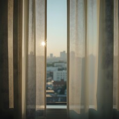 Obraz premium Sunlight through sheer curtains in a city apartment