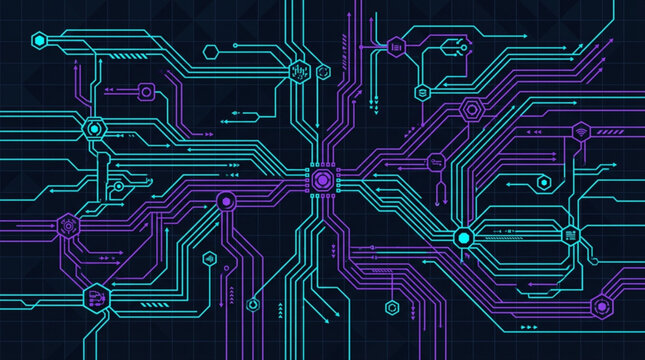 Purple and green circuit board design.