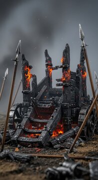 Charred Siege Engine Burning Amidst Battle Ruins