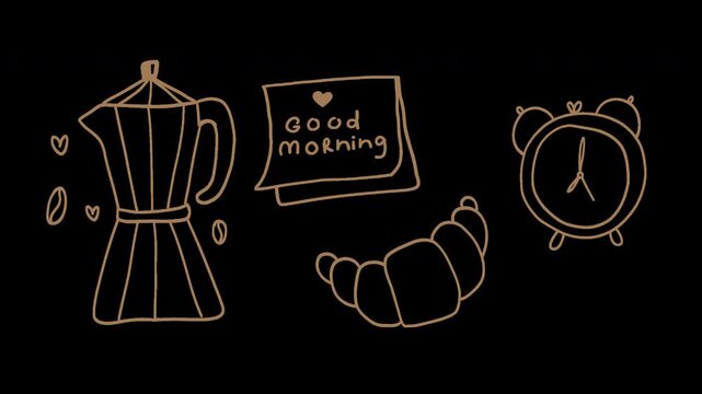 Animated doodle set of breakfast elements with moka pot, croissant and alarm clock.