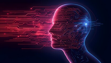 Obraz premium Human Face Blending Air Motion Lines and Neon Circuits, Futuristic Airflow Technology and Dynamic Aerodynamic Concept