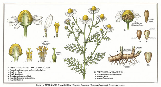 Detailed botanical illustration of German Chamomile, Matricaria chamomilla. Scientific plant anatomy chart showing flower dissection, root system, seed, and floret details.