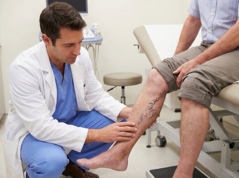 A phlebologist examines varicose veins on an elderly man's leg