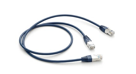 Fototapeta premium Blue Ethernet Network Cable with Two Silver and Blue RJ45 Connectors on a White Background