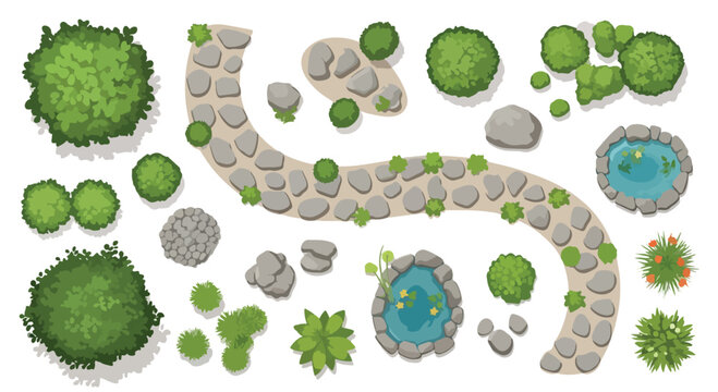 Garden landscape design elements, top view vector set with stone path and bushes, outdoor park map icons, landscaping greenery and ponds