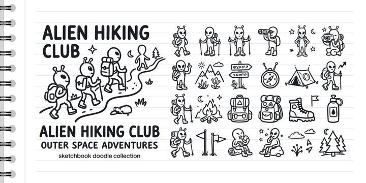 Alien Hiking Club Doodle Collection with Extraterrestrial Characters Trekking and Camping Icons