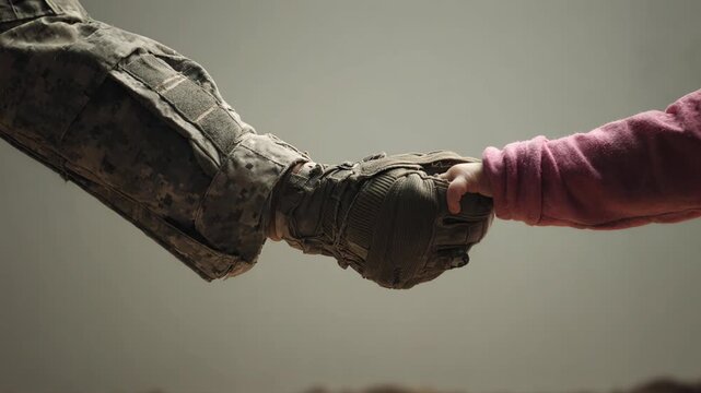 Soldier reaches out to a baby. Military man in camouflage uniform touches hand of small infant. Hope and peace concept in conflict area. Helping hand gesture.