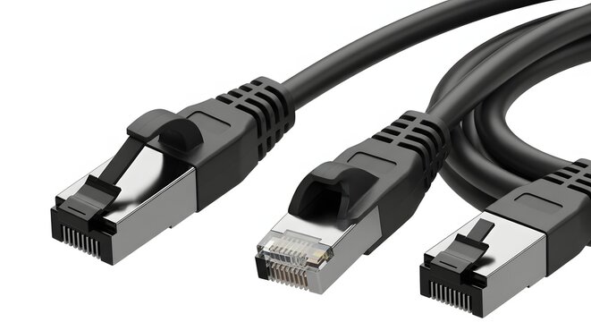 Three Black Ethernet Network Cables with Silver Connectors on a White Background