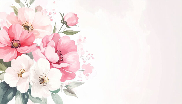 淡いピンク色の花と華やかな水彩画風のボタニカル背景素材　文字入れができるコピースペース付きの春らしいフレームデザイン　結婚式やウェディングの招待状やメッセージカードの装飾に使えるエレガントなグラフィック素材