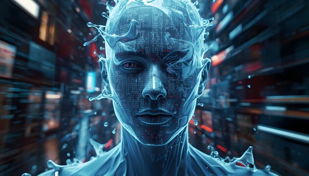 Human Face Merging Natural Liquid Texture and Digital Code Streams, Fluid Data and Dynamic Artificial Intelligence Connectivity Concept