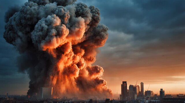 Massive explosion over city skyline during sunset. Huge cloud of smoke and fire rising above buildings. Disaster aftermath in metropolis, war zone destruction.