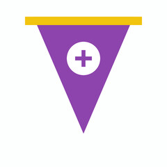 Fototapeta premium Purple triangular flag pennant with a yellow trim and a white circle plus sign illustration