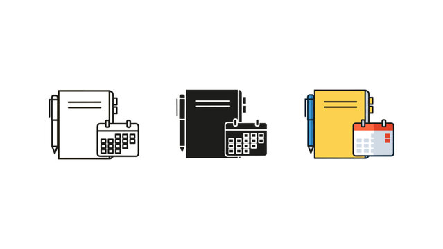 Notebook and calendar icon set with notebook calendar organizer schedule reminder