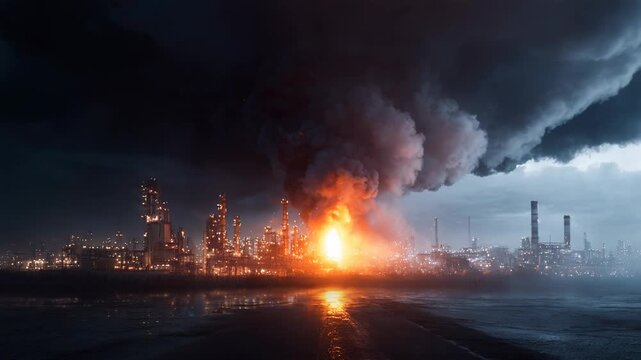 Industrial refinery complex under attack with massive explosion. Military strike on oil plant causing fire and smoke. War zone destruction and energy sabotage.