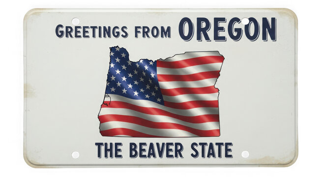 A license plate with a map of oregon and an american flag isolated on transparent background