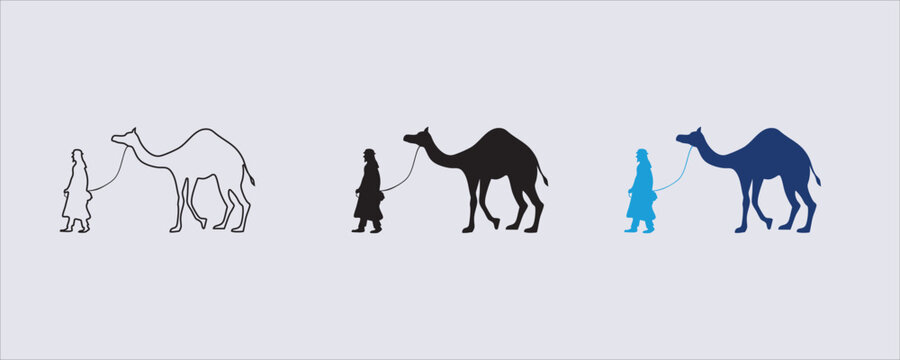 Camel Silhouette Illustration and Arab Man in Traditional Clothing, He is depicted leading a single-humped camel (dromedary) by a rope. is a minimal, black-and-white graphic design. editable