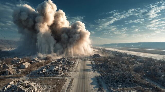 Massive explosion in war zone destroys city buildings. Large smoke cloud rising over ruined residential area. Destruction of town infrastructure by military strike.