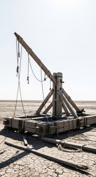 Damaged Wooden Catapult in Desert Landscape
