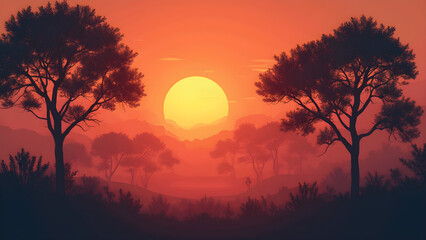 Obraz premium Soft silhouettes of trees at sunset. Ultra realistic sunset photography. Multihued sky landscape scenes. Nature art with tree silhouettes.
