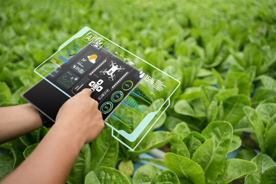 Agricultural technology concept: AI systems, people working on a farm using tablets controlled by cutting-edge technology for smart farming systems.