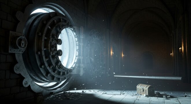 Luminous Sci-Fi Vault Door Reveals a Lone, Ancient Treasure Chest.