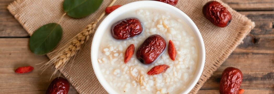 Traditional Laba Festival porridge with red dates and goji berries in a white bowl. Rustic flat lay arrangement on wooden table, wheat stalks nearby. Wholesome food for winter celebration.