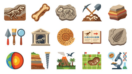 Collection of colorful flat icons representing paleontology and earth science, including fossils, excavation tools, geological layers, and scientific research equipment. © GJ