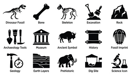 Collection of black and white icons representing various aspects of paleontology, archaeology, and geology, including fossils, tools, and scientific equipment. © GJ