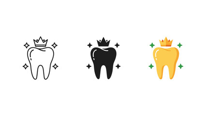 Obraz premium Dental health icons: tooth with crown in line art solid black color styles, tooth care