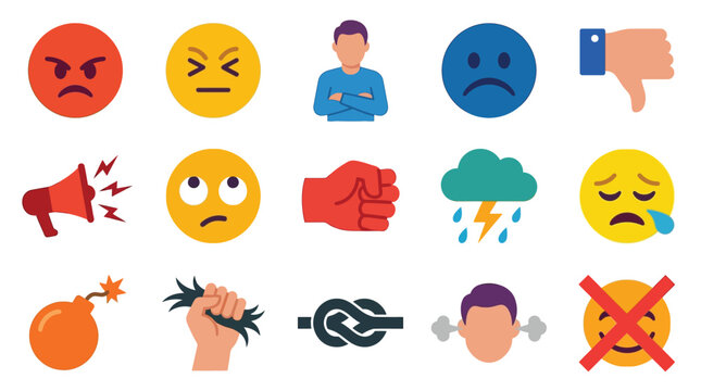 A collection of icons representing various negative emotions and stressful situations, including anger, frustration, sadness, and conflict.