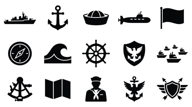 Collection of nautical and naval icons representing ships, anchors, submarines, flags, compasses, waves, wheels, shields, and sailors.